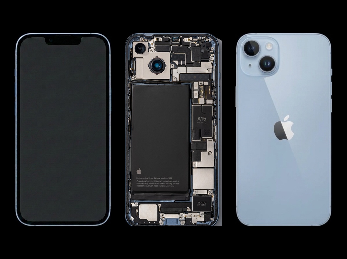 Vue éclatée d'un iPhone 14 : écran à gauche, châssis et composants internes au centre, vitre arrière à droite